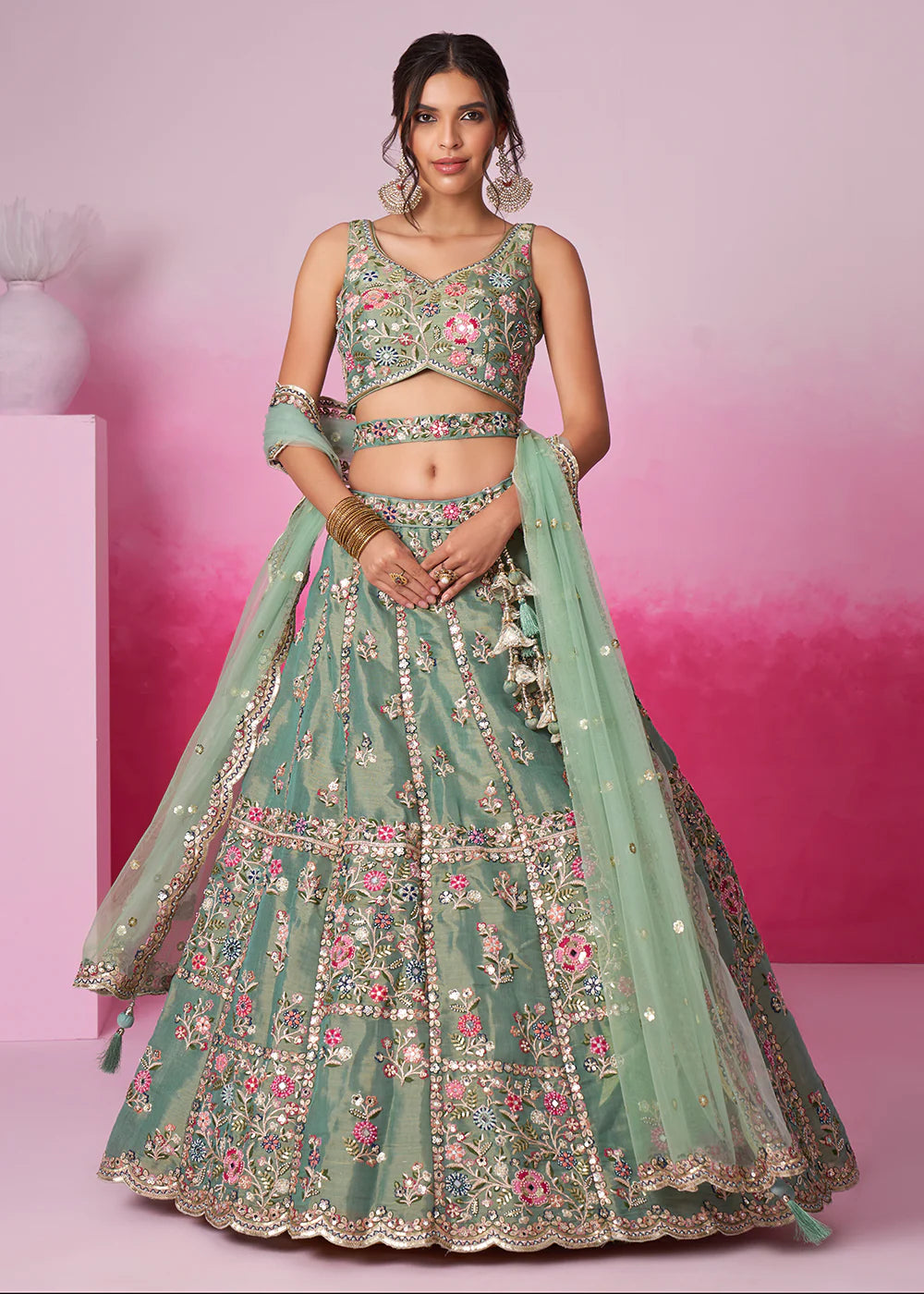 Elegant Sea Green Sequins Work Net Lehenga Choli