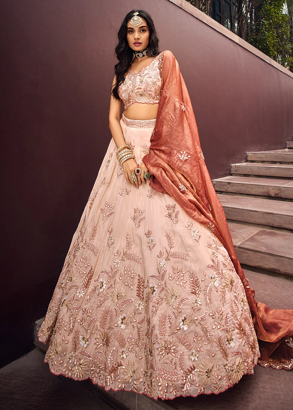 Designer Cream Embroidery Lehenga Set with Rose Gold Dupatta