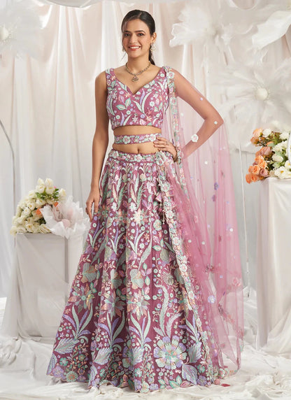 Designer Rose Gold Floral Embroidered  Lehenga Choli 