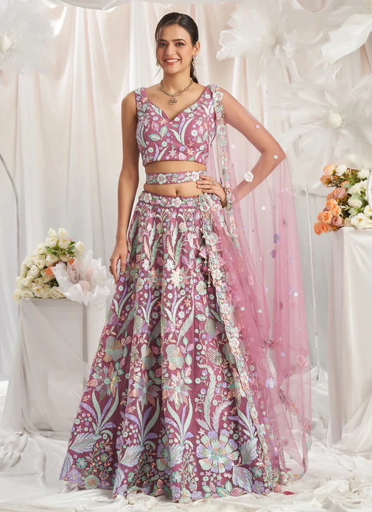 Designer Rose Gold Floral Embroidered  Lehenga Choli 