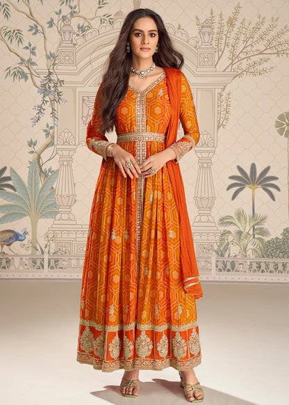 Buy Orange Chinon Silk Anarkali Suit Online