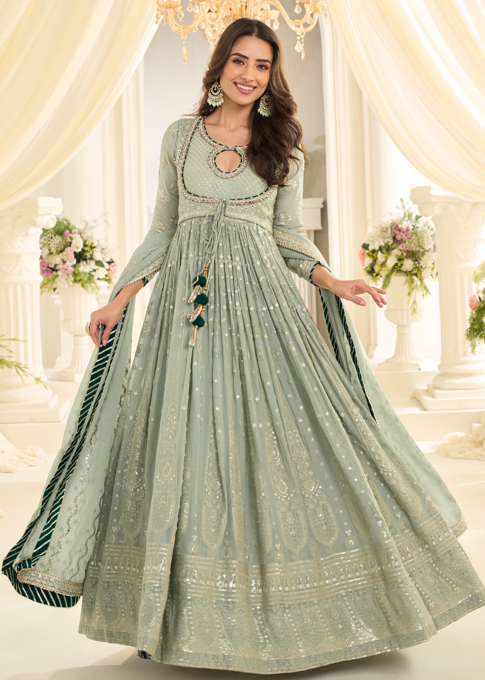 buy sage green anarkali suit