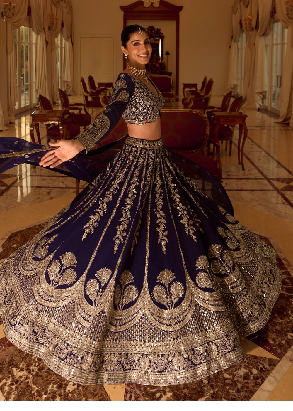 navy silk long sleeve lehenga