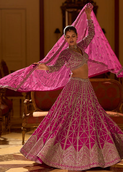 pink silk long sleeve lehenga