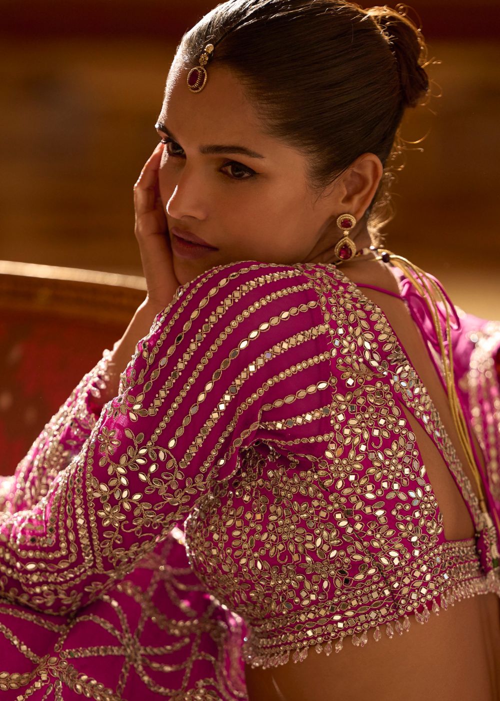 Designer Rani Pink Real Silk Bridal Lehenga Choli Long Sleeve With Dupatta