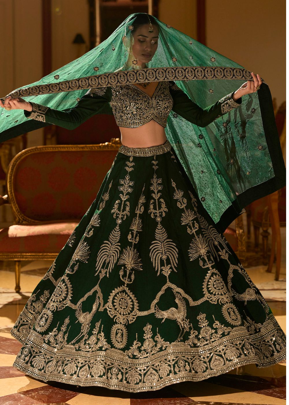 green bridal lehenga with dupatta