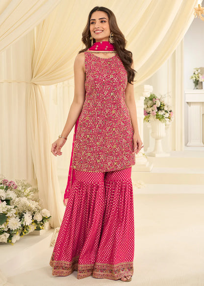 buy hot pink embroidered sharara suit