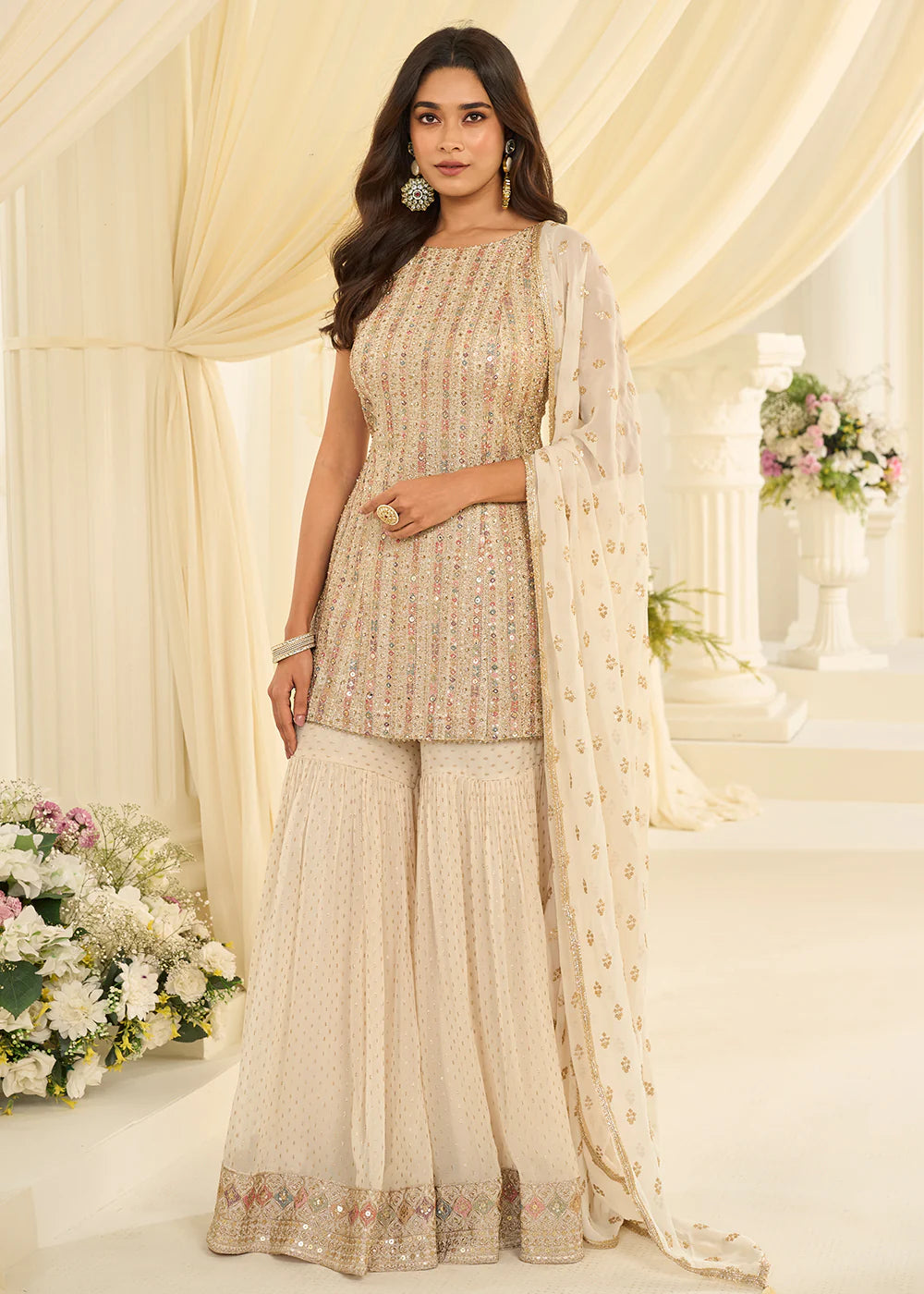 cream indian wedding sharara suit with dupatta