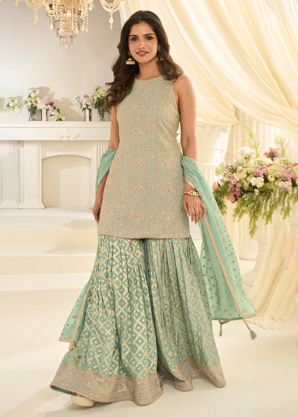 buy mint green embroidered sharara suit