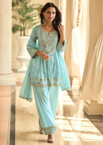 Designer Sky Blue Premium Silk Long Sleeve Salwar Suit With Dupatta for Indian Wedding and Pakistani Festival