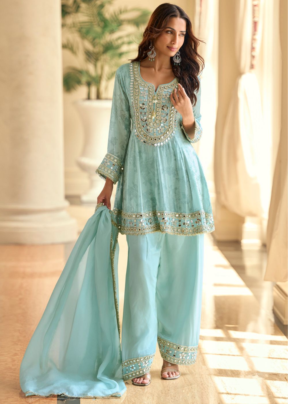Designer Sky Blue Premium Silk Long Sleeve Salwar Suit With Dupatta for Indian Wedding and Pakistani Festival