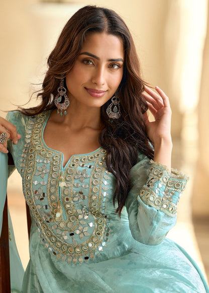 Designer Sky Blue Premium Silk Long Sleeve Salwar Suit With Dupatta for Indian Wedding and Pakistani Festival