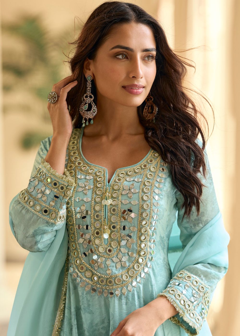 Designer Sky Blue Premium Silk Long Sleeve Salwar Suit With Dupatta for Indian Wedding and Pakistani Festival