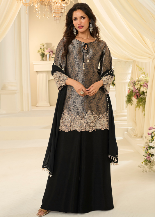 buy online black viscose jacquard silk palazzo suit indian wedding pakistani festival