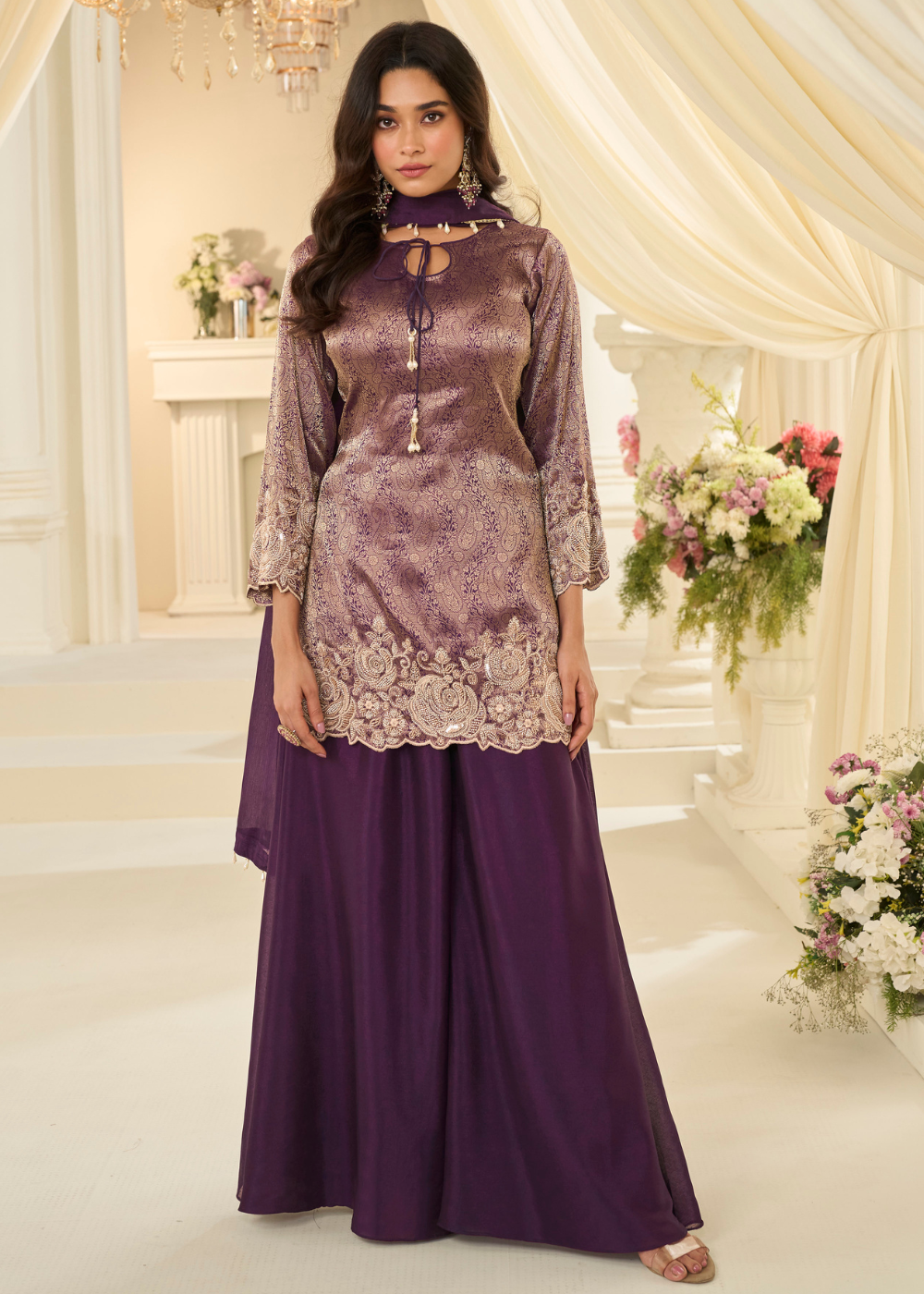 designer plum festive palazzo suit with dupatta free shipping usa uk and canada