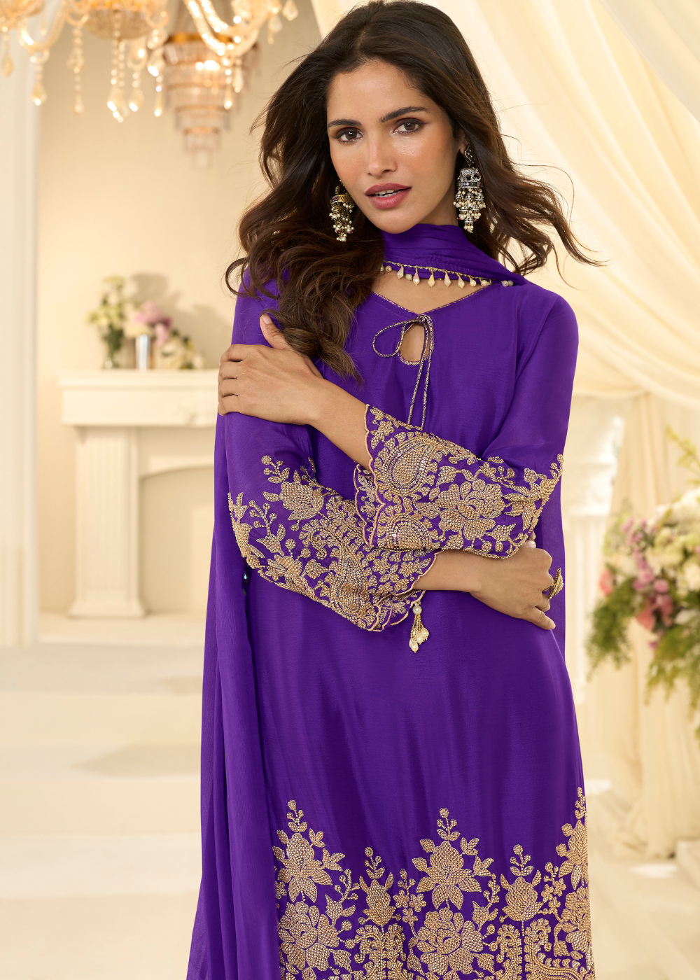 embroidered purple pant suit