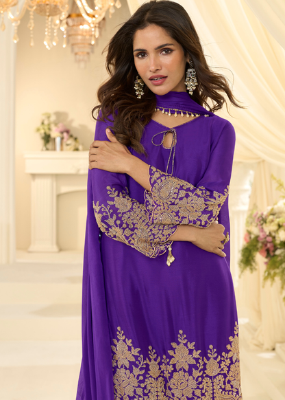 embroidered purple pant suit