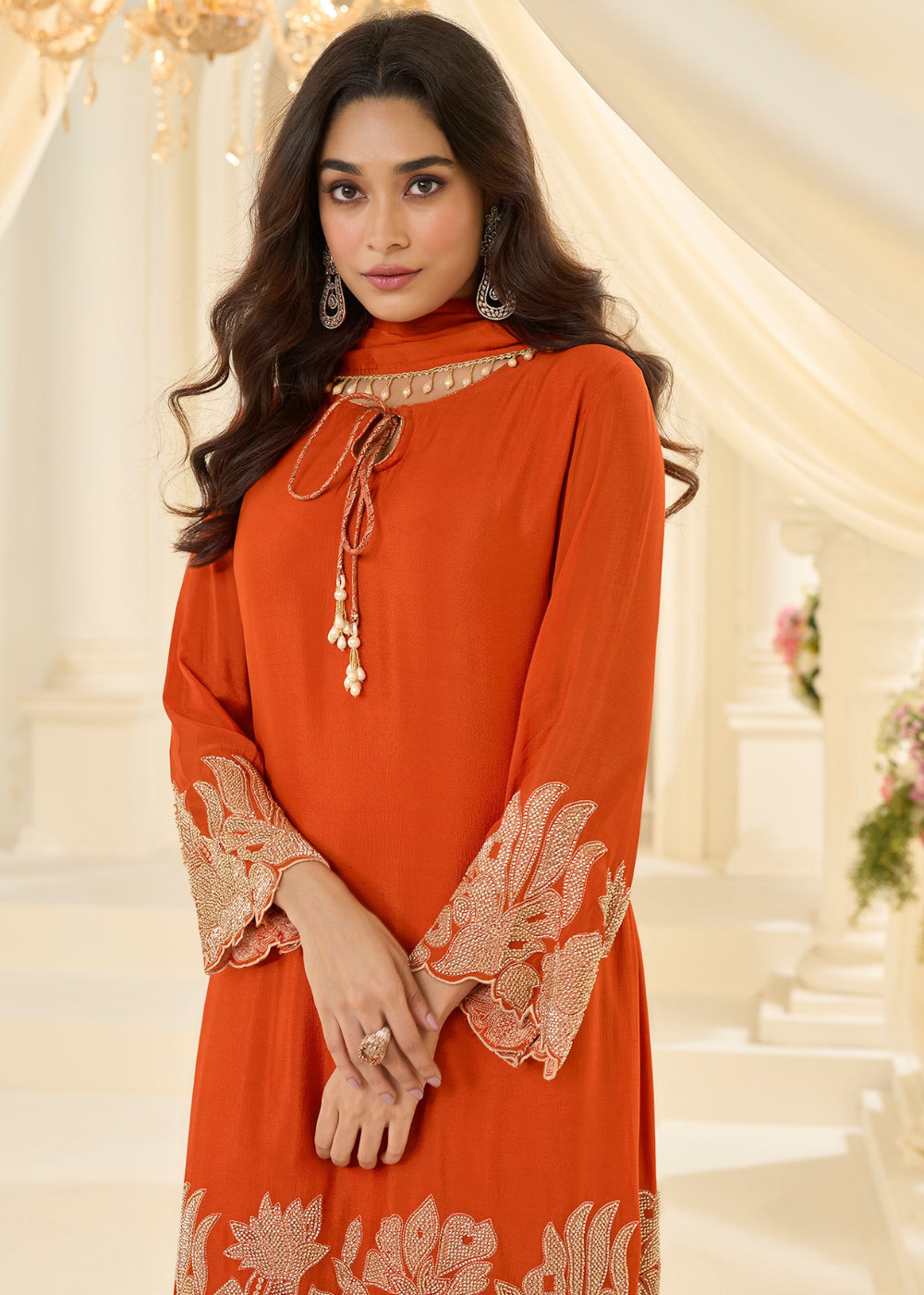 embroidered orange pant suit