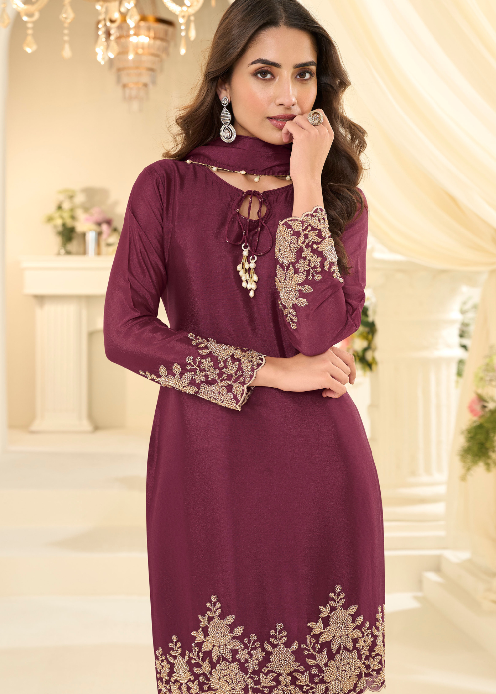 embroidered wine pant suit