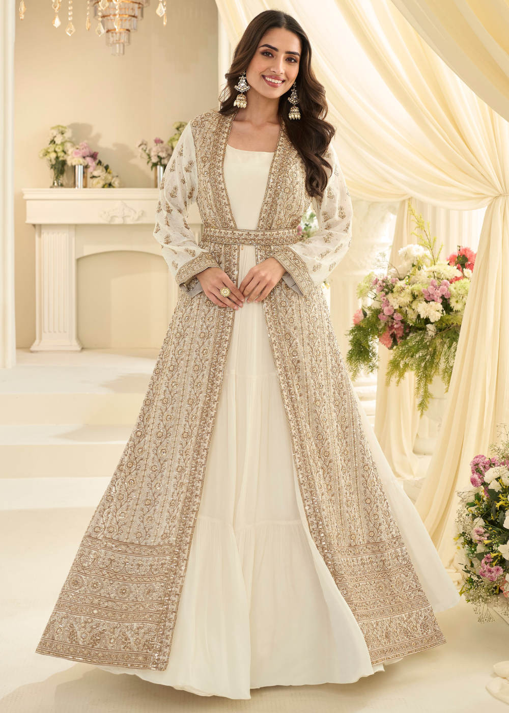 white anarkali gown online