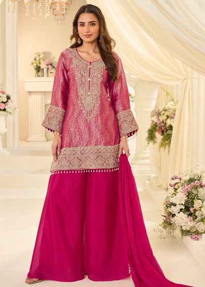 hot pink viscose jacquard silk palazzo suit