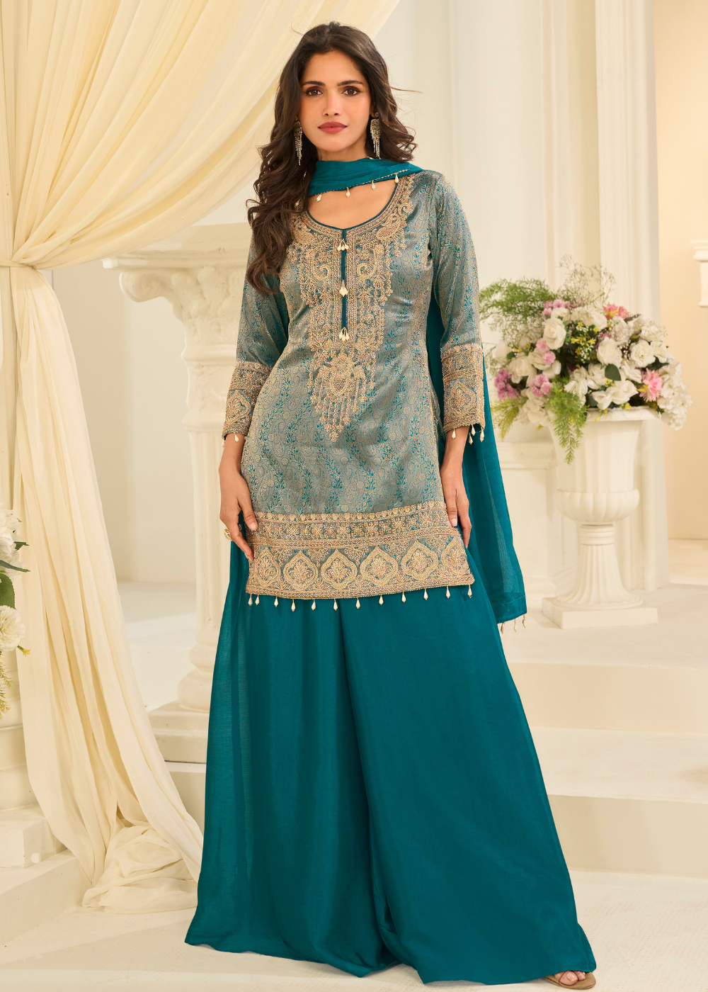 buy online teal viscose jacquard silk palazzo suit indian wedding pakistani festival ready to wear