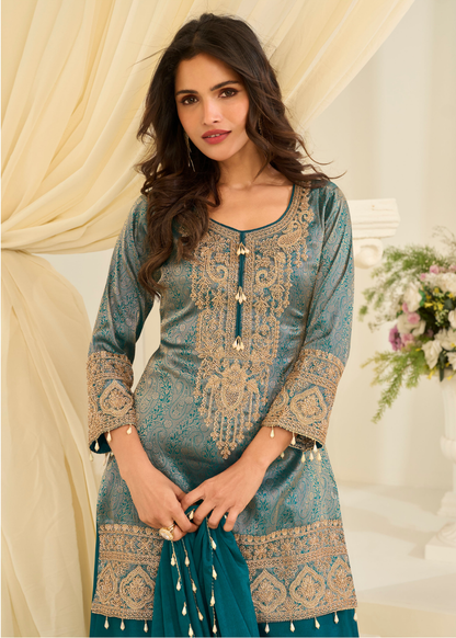 shop teal chinon silk palazzo suit for wedding reception haldi indian pakistani punjabi outfit