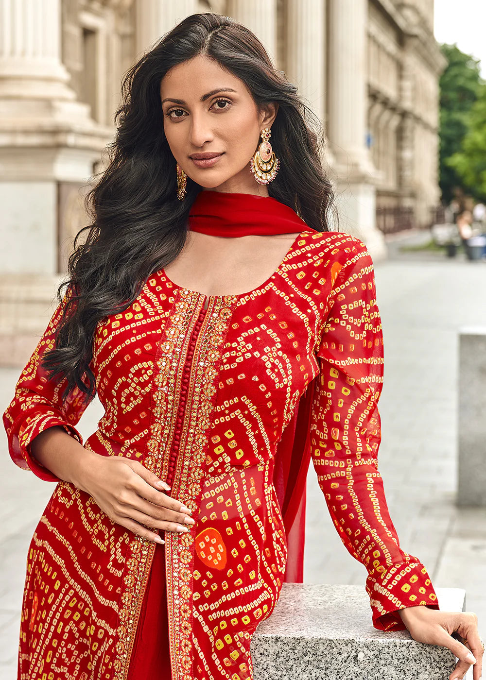 designer red slit palazzo