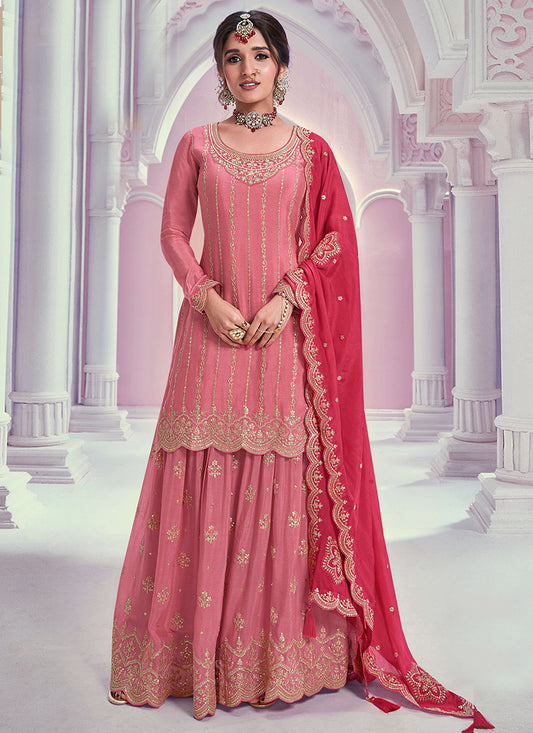 Buy Peach Chinnon Embroidered Sharara Suit with Dupatta for Indian Weddings and Pakistani Festivals 