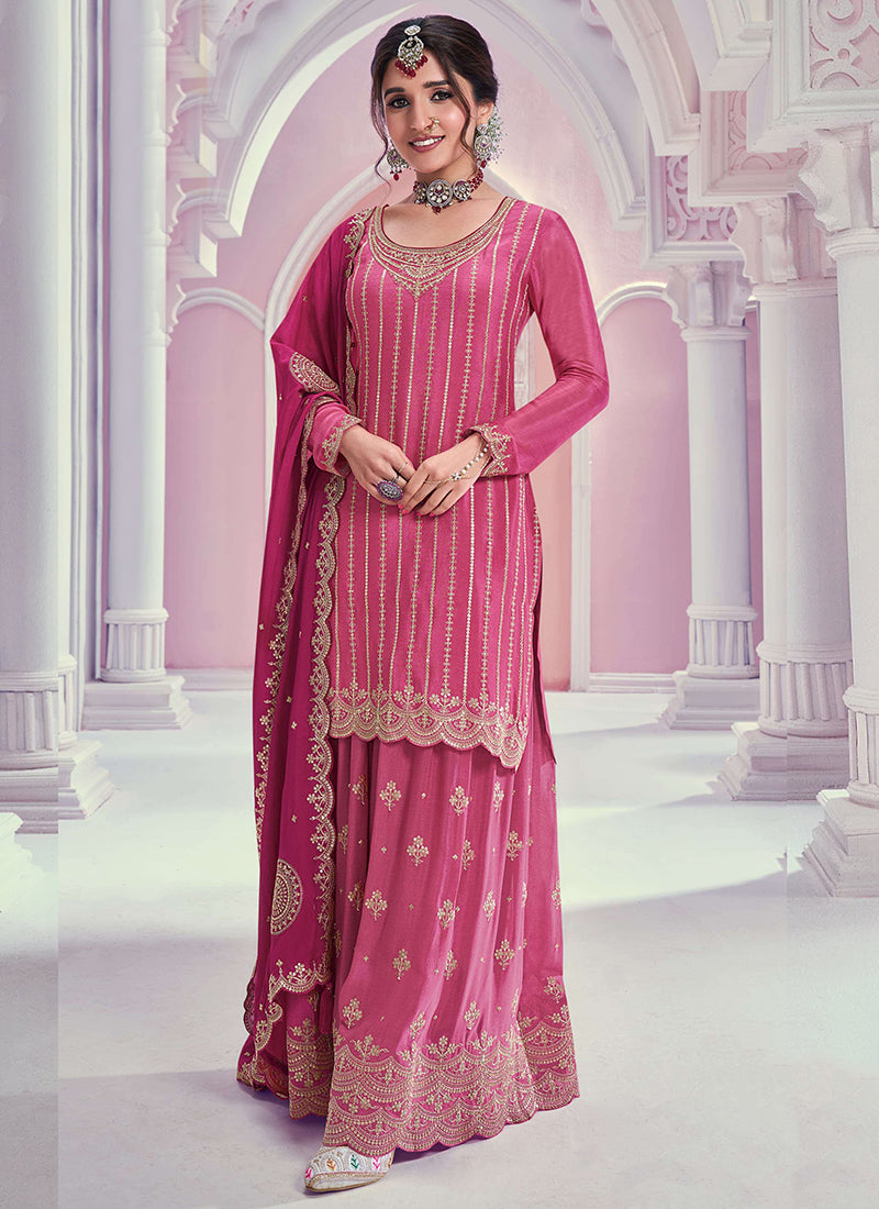 Buy Chinnon Embroidered Sharara Suit with Dupatta for Indian Weddings and Pakistani Festivals 