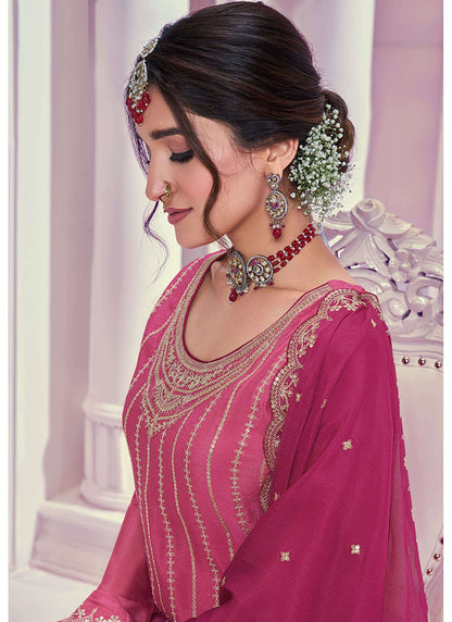 Pink Chinnon Embroidered Sharara Suit with Dupatta for Indian Weddings and Pakistani Festivals