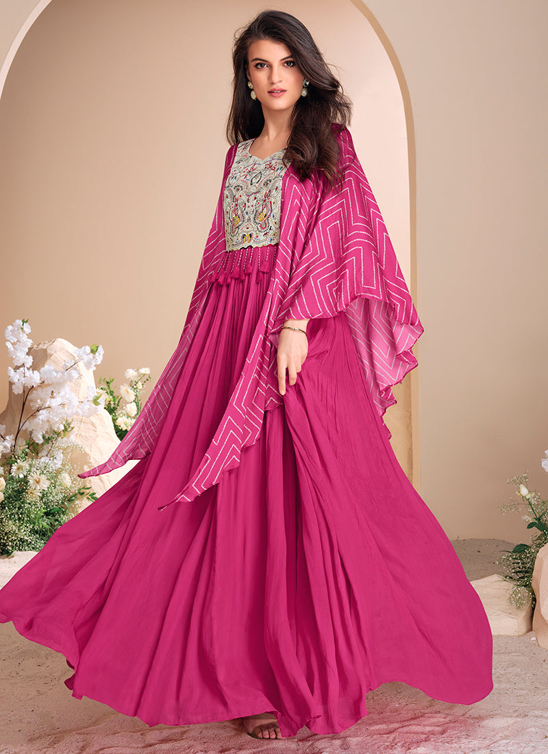 Pink Chinon Silk Emboidered Gown for Indian Festival and Pakistani Wedding - Moti work