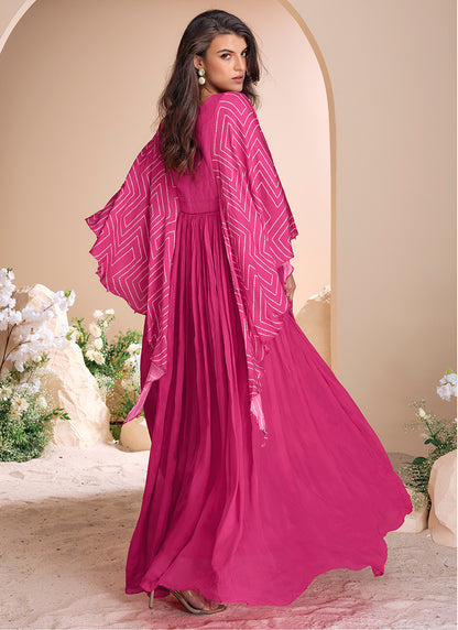 Pink Chinon Silk Emboidered Gown for Indian Festival and Pakistani Wedding - Moti work