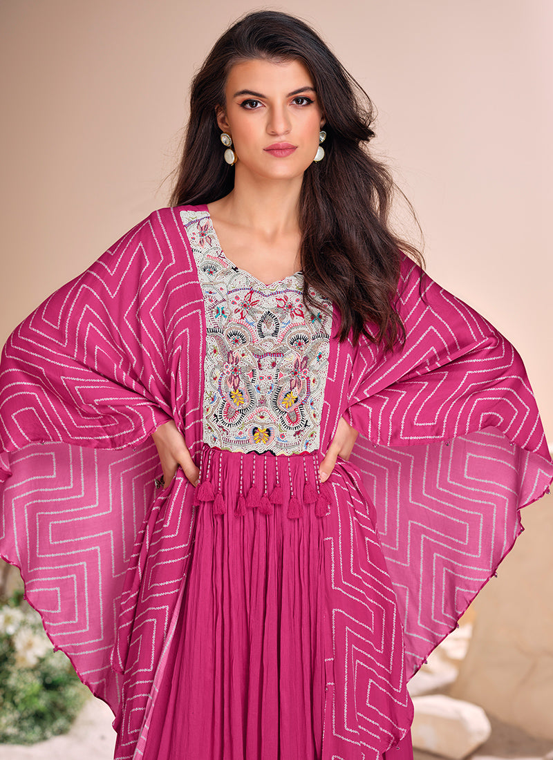 Pink Chinon Silk Emboidered Gown for Indian Festival and Pakistani Wedding - Moti work