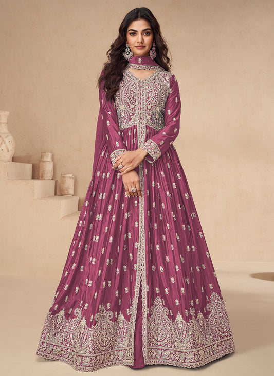 Pink Chinnon Silk Embroidered Anarkali Gown with Dupatta for Indian Wedding and Pakistani Festival