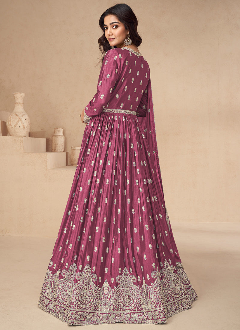 Pink Chinnon Silk Embroidered Anarkali Gown with Dupatta for Indian Wedding and Pakistani Festival