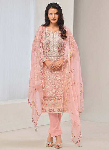  Designer Pink Organza Chiffon Embroidery Salwar Suit