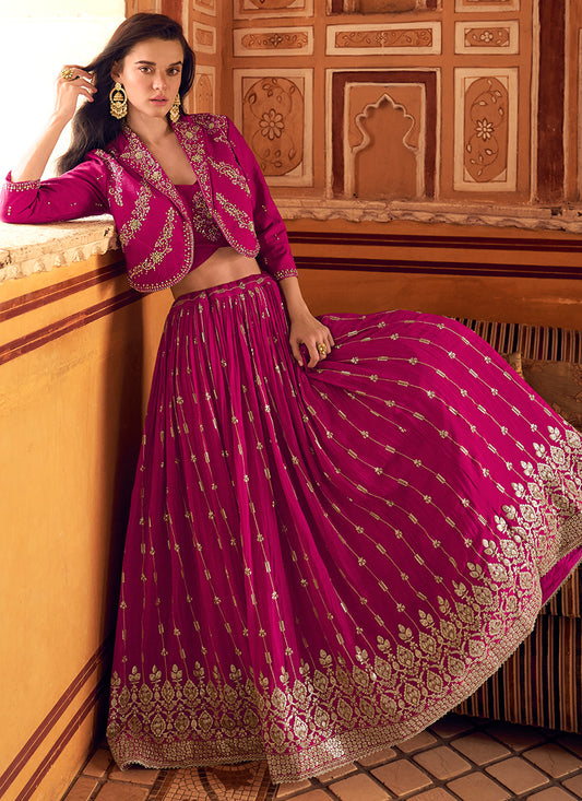 Shop Online Pink Chinnon Silk Indo Western Lehenga with Embroidery Work for Indian and Pakistani Wedding and Festival 