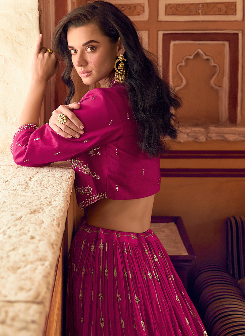 Pink Chinnon Silk Indo Western Lehenga with Embroidery Work for Indian and Pakistani Wedding and Festival