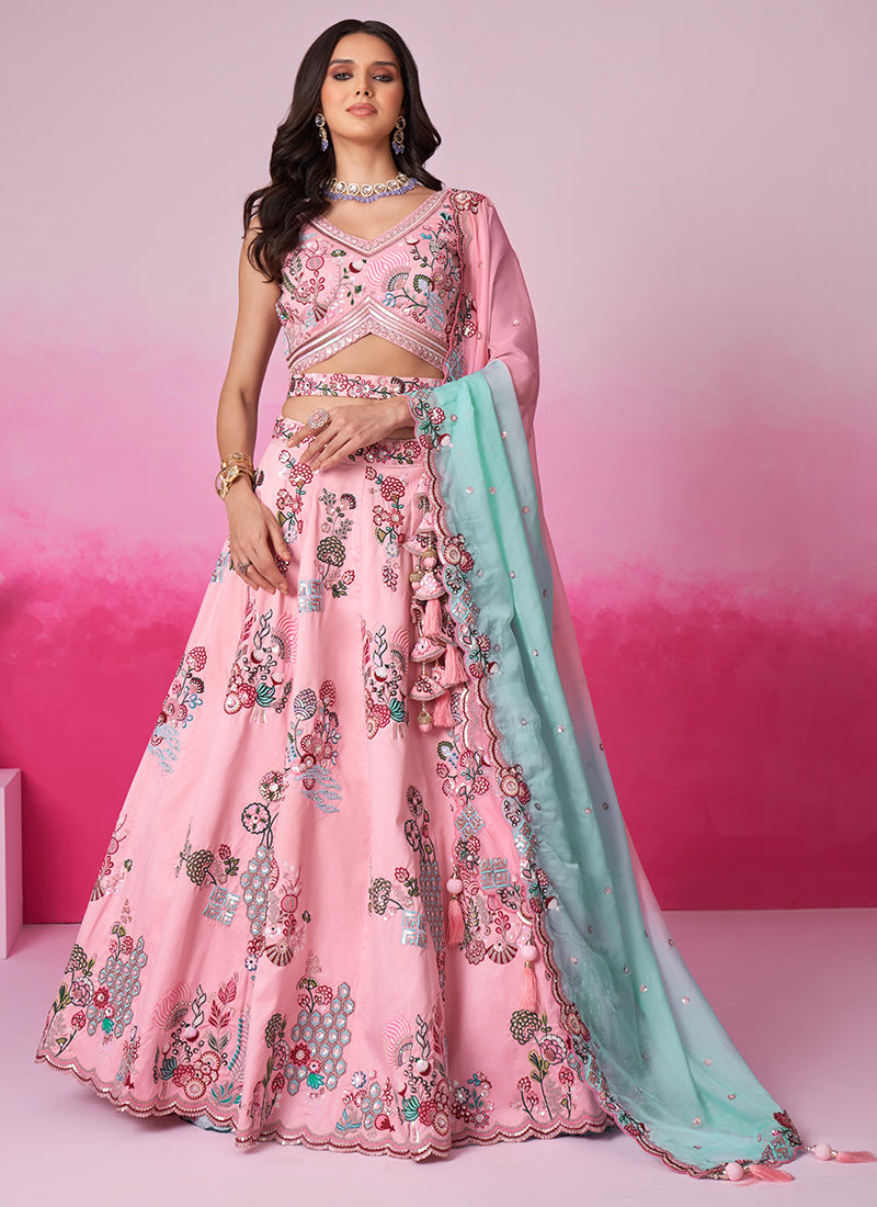 Luxurious Pink Silk Lehenga Choli with Sequins