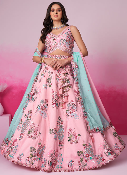 Luxurious Pink Silk Lehenga Choli with Sequins