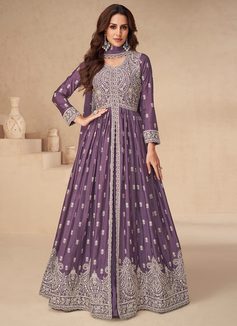 Shop Purple chinnon silk Gown for indian wedding and pakistani festival