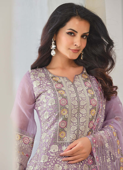 Designer Lavender Organza Chiffon Embroidery Salwar Suit-Perfect for Indian Festival and Pakistani Wedding