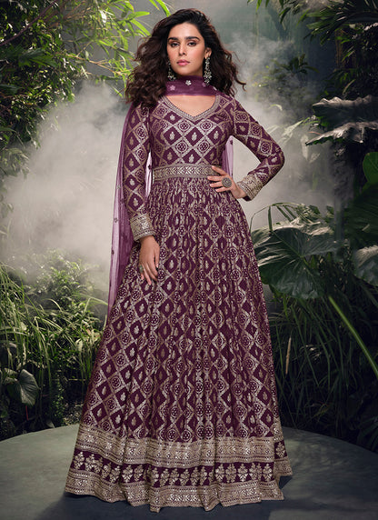 Wine Jacquard Silk Embroidered Anarkali Gown with Dupatta for Indian Wedding and Pakistani Festival