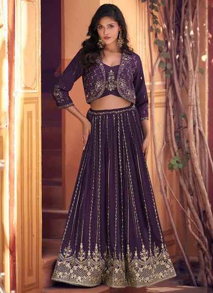 Buy Online Purple Chinnon Silk Indo Western Lehenga with Embroidery Work for Indian and Pakistani Wedding and Festival 