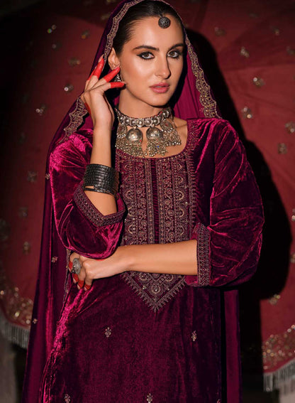 Deep Wine Velvet Embroidery Suit with Dupatta -Perfect for Indian Festival and Pakistani Wedding