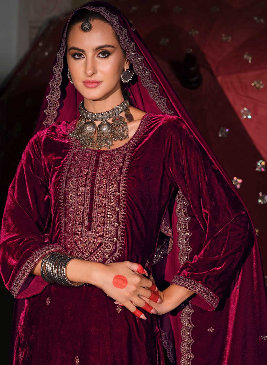 Deep Wine Velvet Embroidery Suit with Dupatta -Perfect for Indian Festival and Pakistani Wedding