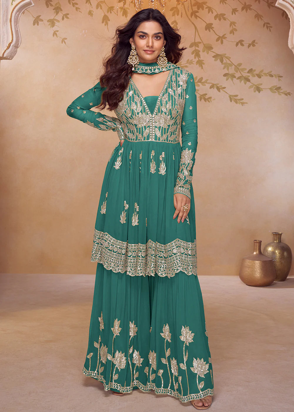 bottle green palazzo suit