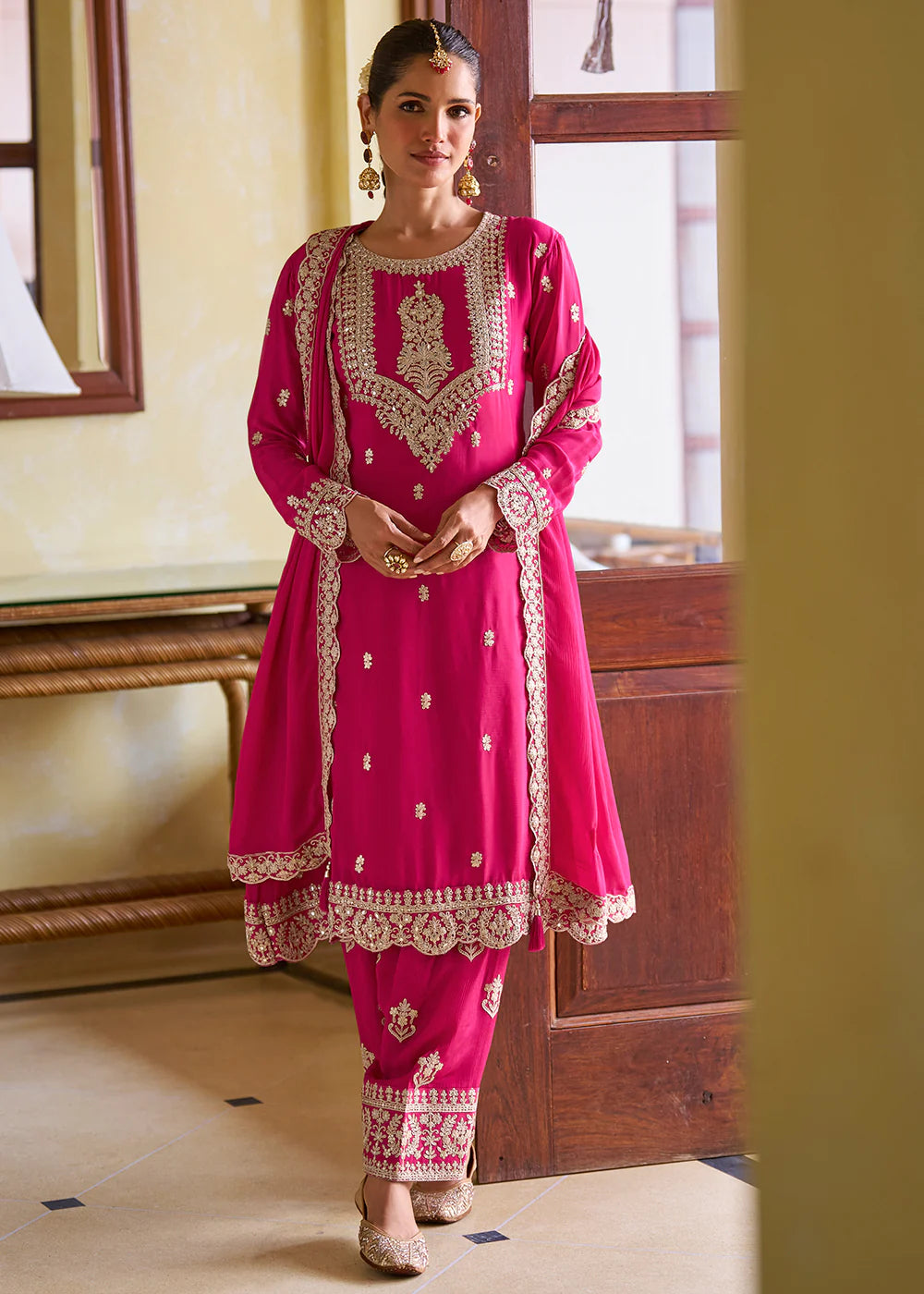 Buy Rani Pink Chinnon Salwar Suit Online