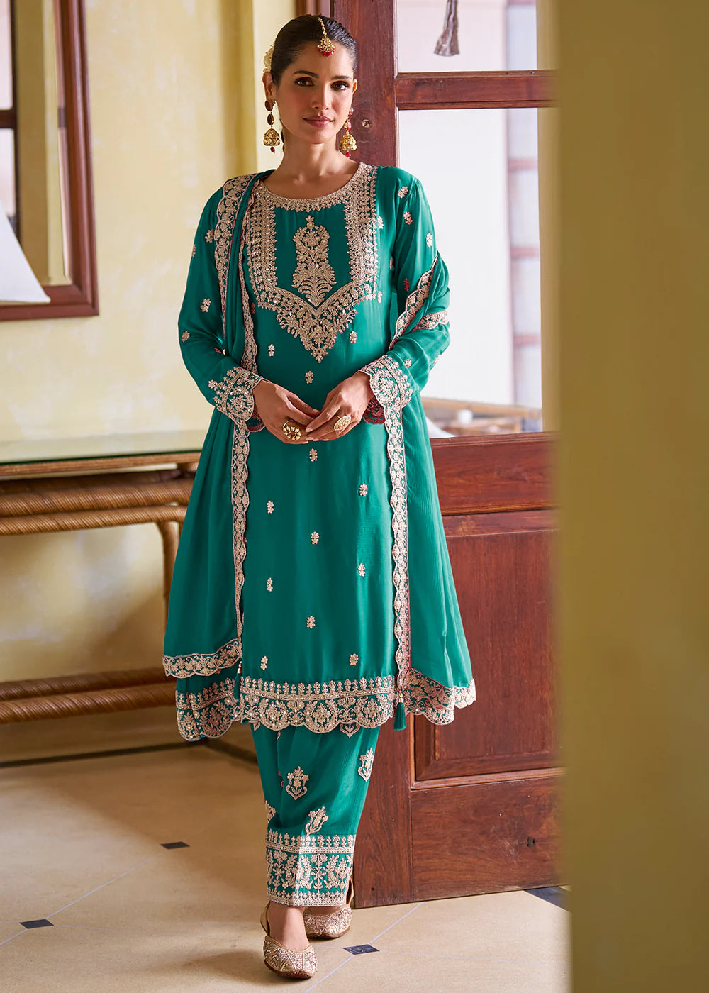 Buy Teal Green Chinnon Salwar Suit Online